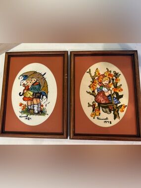 Vintage Hummel crewel embroidered art (set of 2)